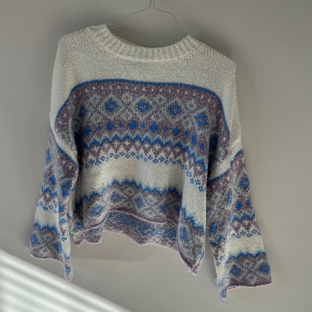 Sincerely Jules Boho Cropped Sweater | Purple Blue Fair Isle-style Knit
